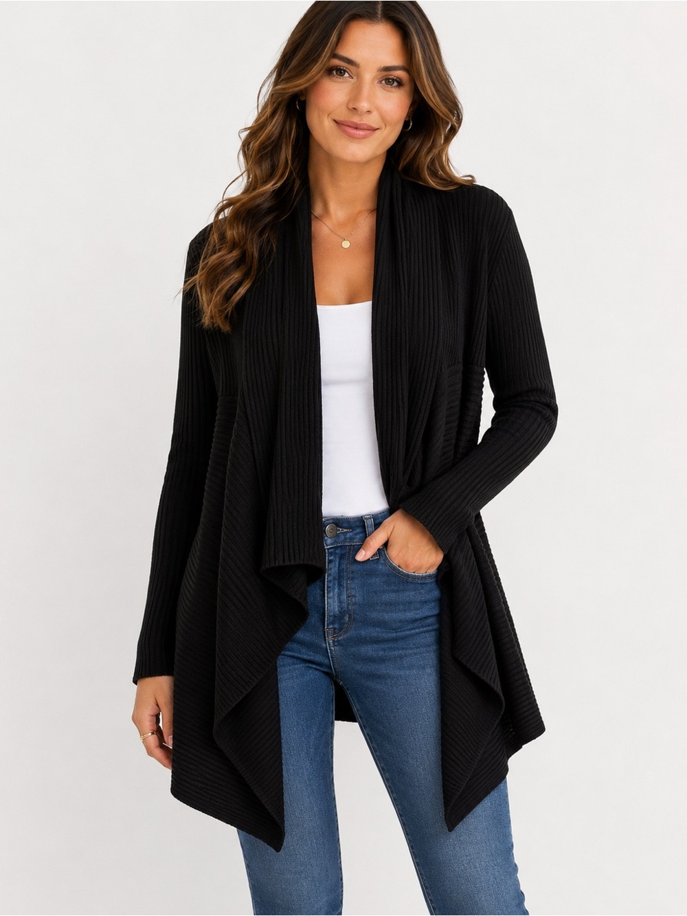 Novelty Black Open-Front Ribbed Drape Cardigan Sweater waterfall large open